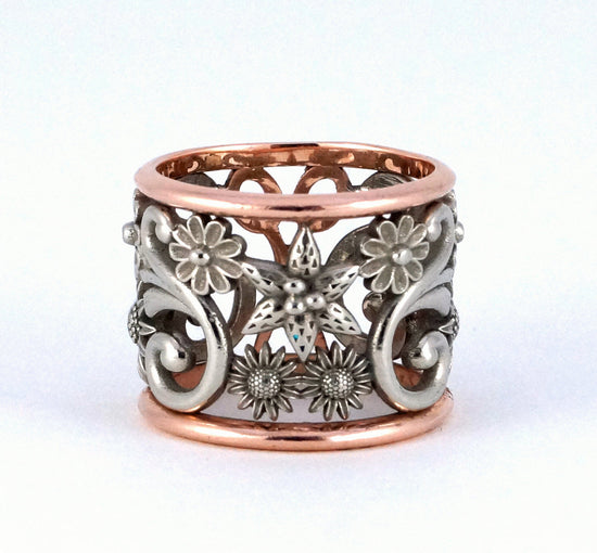 Scissors Ring Custom Flowers Hair Stylist Two Tone Filigree Silver White and Rose Gold Statement Ring Wide Band Hairdresser Art Nouveau