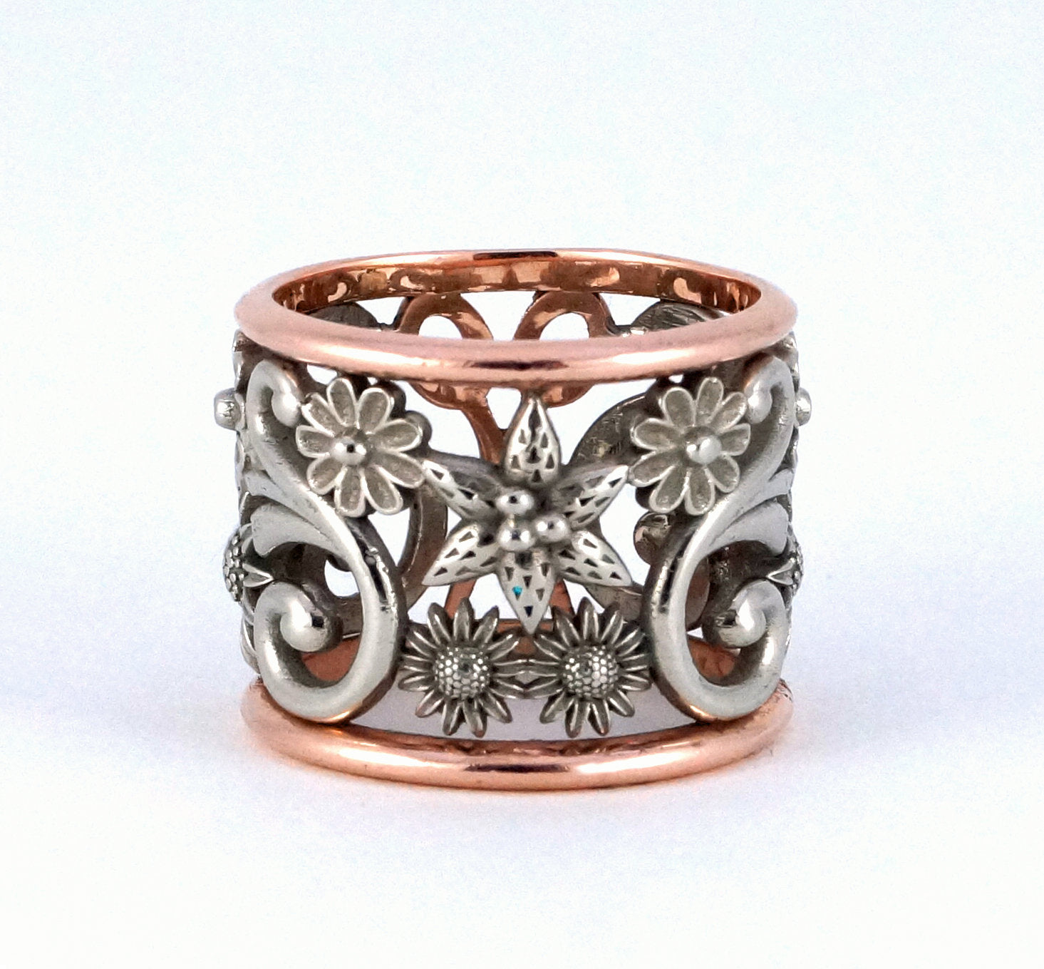 Scissors Ring Custom Flowers Hair Stylist Two Tone Filigree Silver White and Rose Gold Statement Ring Wide Band Hairdresser Art Nouveau