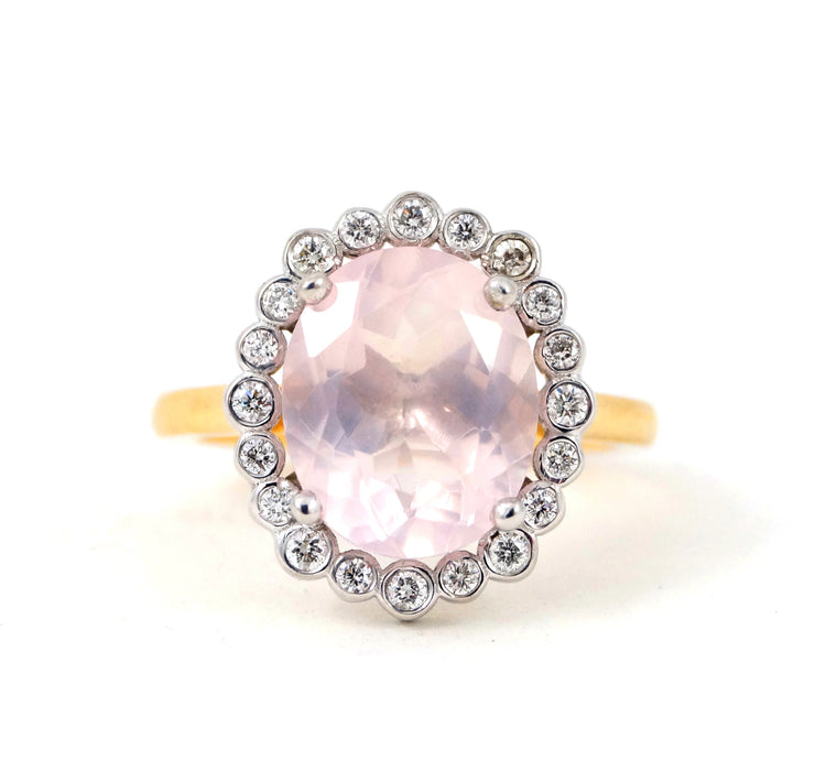 Rose Quartz Beauty - Handmade 3D CAD Vintage Inspired New Oval Two Tone White and Yellow gold Diamonds Engagement Alternative Wedding Ring
