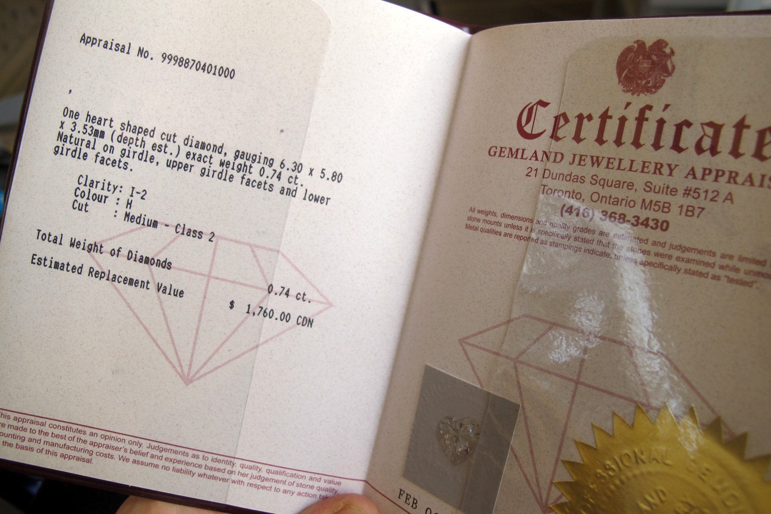 Jewellery Appraisal Certificate for Rickson Jewellery Rings Necklaces Earrings Diamond and Gemstones Gold and silver pieces