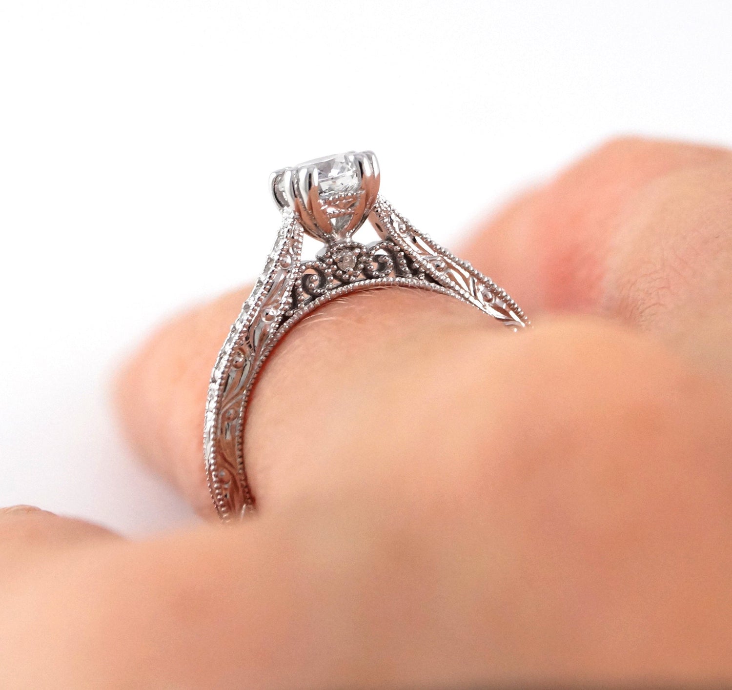 Victorian Inspired Disney Princess Ring Vintage Antique White Gold Diamond Engagement Ring Millgrain Scrollwork Carriage Engraving Rickson