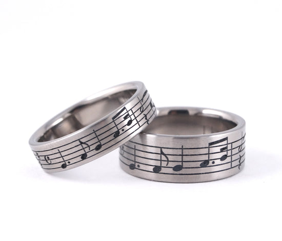 Custom Titanium Music Note Wedding Ring Set 2 Rings Unique Wedding band Music Gifts for him Geekery Alternative Non Traditional Custom Notes