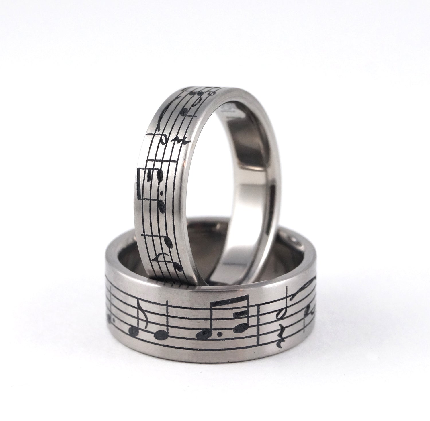 Custom Titanium Music Note Wedding Ring Set 2 Rings Unique Wedding band Music Gifts for him Geekery Alternative Non Traditional Custom Notes