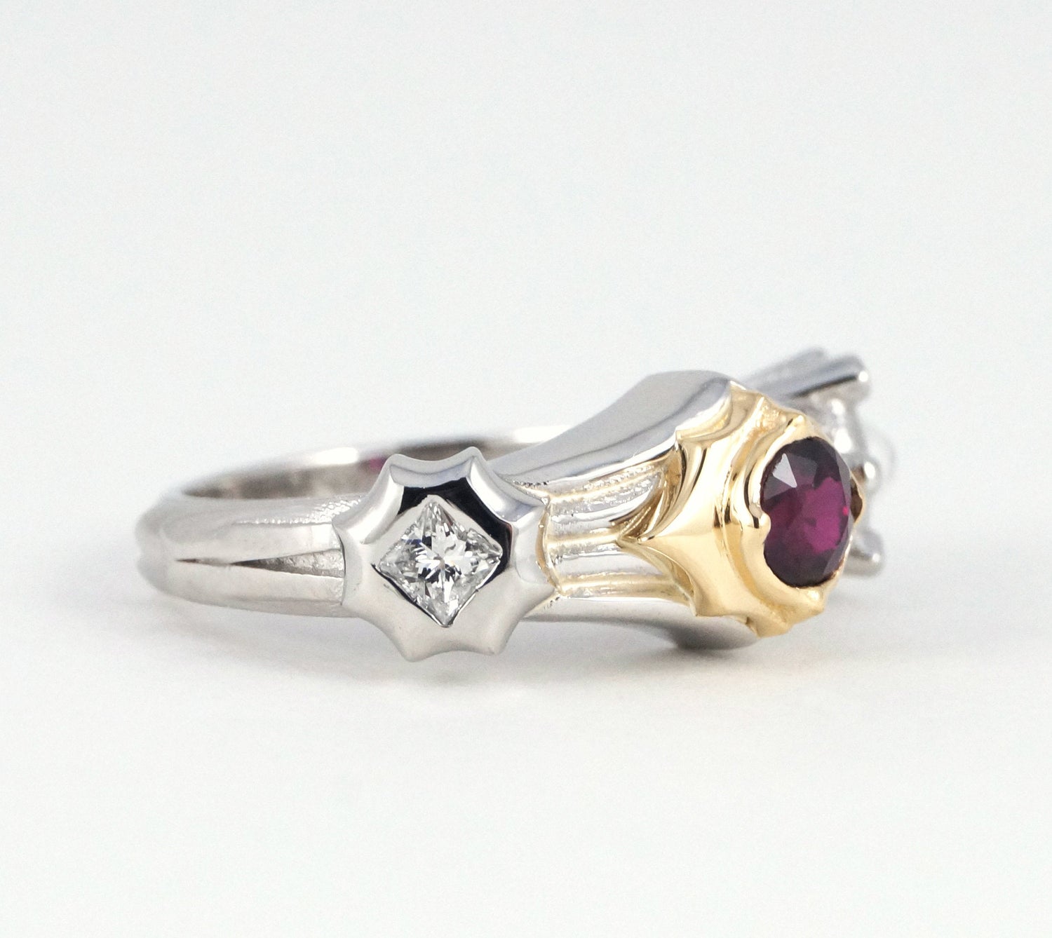 Pokemon Ring Sun and Moon Pearl Diamond and Platinum Version Featuring Garnet Moonstone Diamond or CZ Engagement Ring Two Tone Gold 262