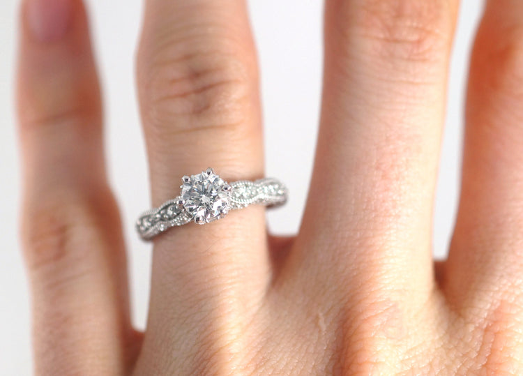 Royal Victorian Inspired Ring - Regal Filigree Disney Princess Vintage Antique Silver Moissanite Engagement Ring Carriage Engraving Rickson