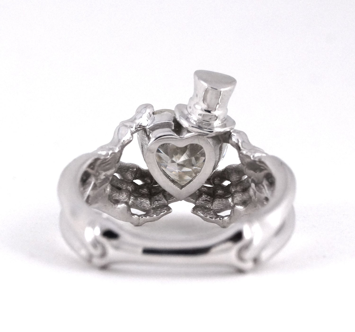 Skeleton Claddagh with Top Hat Jack Skellington Inspired Engagement Ring Heart Diamond Moissanite CZ Sterling Silver White Gold Fine Jewelry
