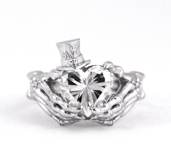 Skeleton Claddagh with Top Hat Jack Skellington Inspired Engagement Ring Heart Diamond Moissanite CZ Sterling Silver White Gold Fine Jewelry
