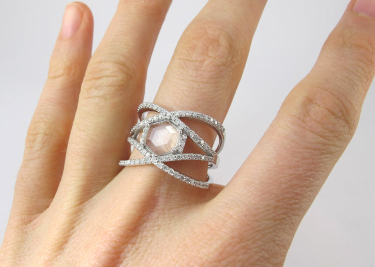 Hexagon Dream - Silver Clear Quartz Unique Engagement Ring Customization Personalize, Statement Ring Alternative Wedding Trend Geometric