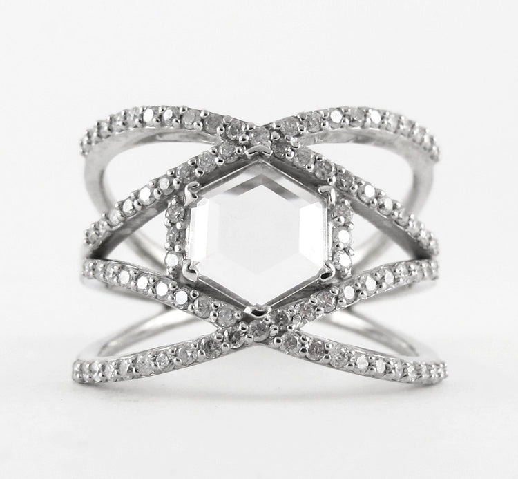Hexagon Dream - Silver Clear Quartz Unique Engagement Ring Customization Personalize, Statement Ring Alternative Wedding Trend Geometric