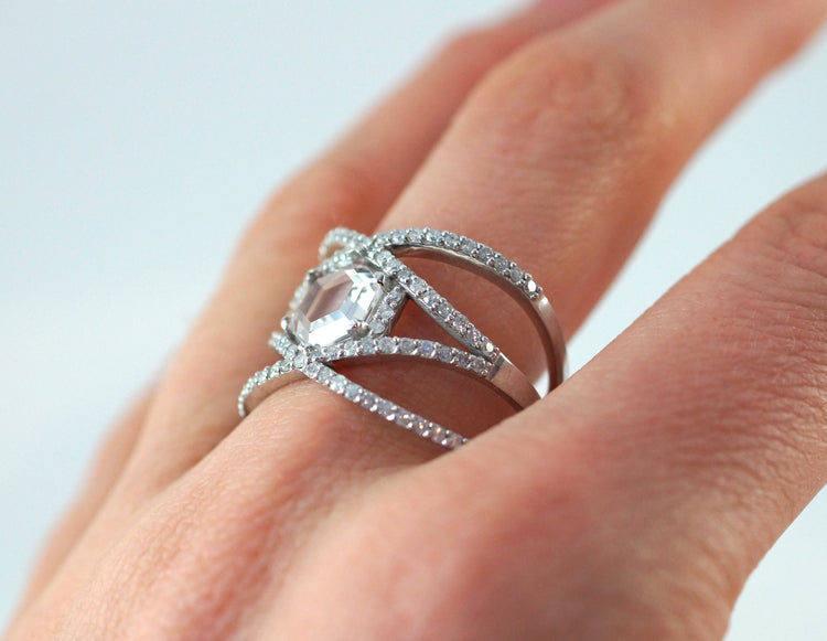 Hexagon Dream - Silver Clear Quartz Unique Engagement Ring Customization Personalize, Statement Ring Alternative Wedding Trend Geometric