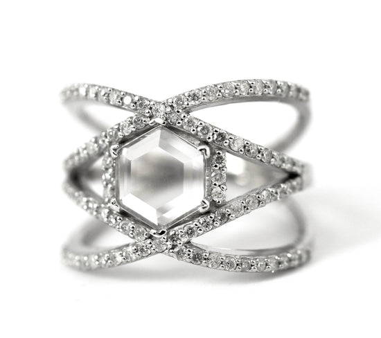 Hexagon Dream - Silver Clear Quartz Unique Engagement Ring Customization Personalize, Statement Ring Alternative Wedding Trend Geometric