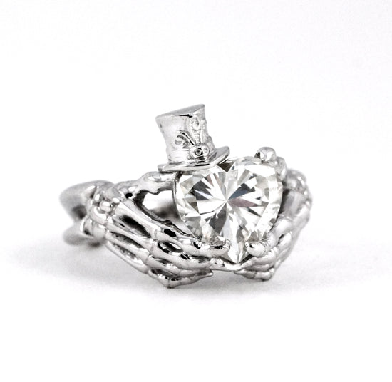Skeleton Claddagh with Top Hat Jack Skellington Inspired Engagement Ring Heart Diamond Moissanite CZ Sterling Silver White Gold Fine Jewelry