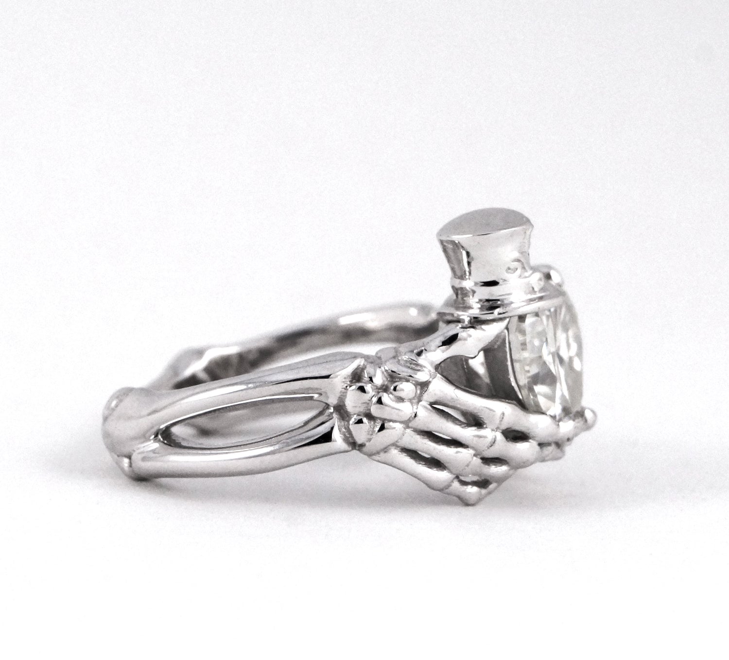 Skeleton Claddagh with Top Hat Jack Skellington Inspired Engagement Ring Heart Diamond Moissanite CZ Sterling Silver White Gold Fine Jewelry