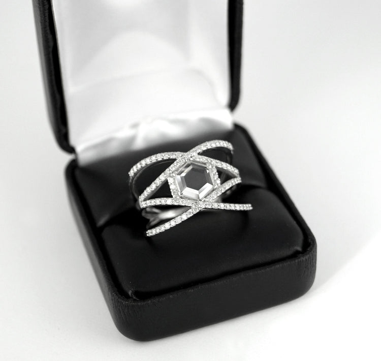 Hexagon Dream - Silver Clear Quartz Unique Engagement Ring Customization Personalize, Statement Ring Alternative Wedding Trend Geometric
