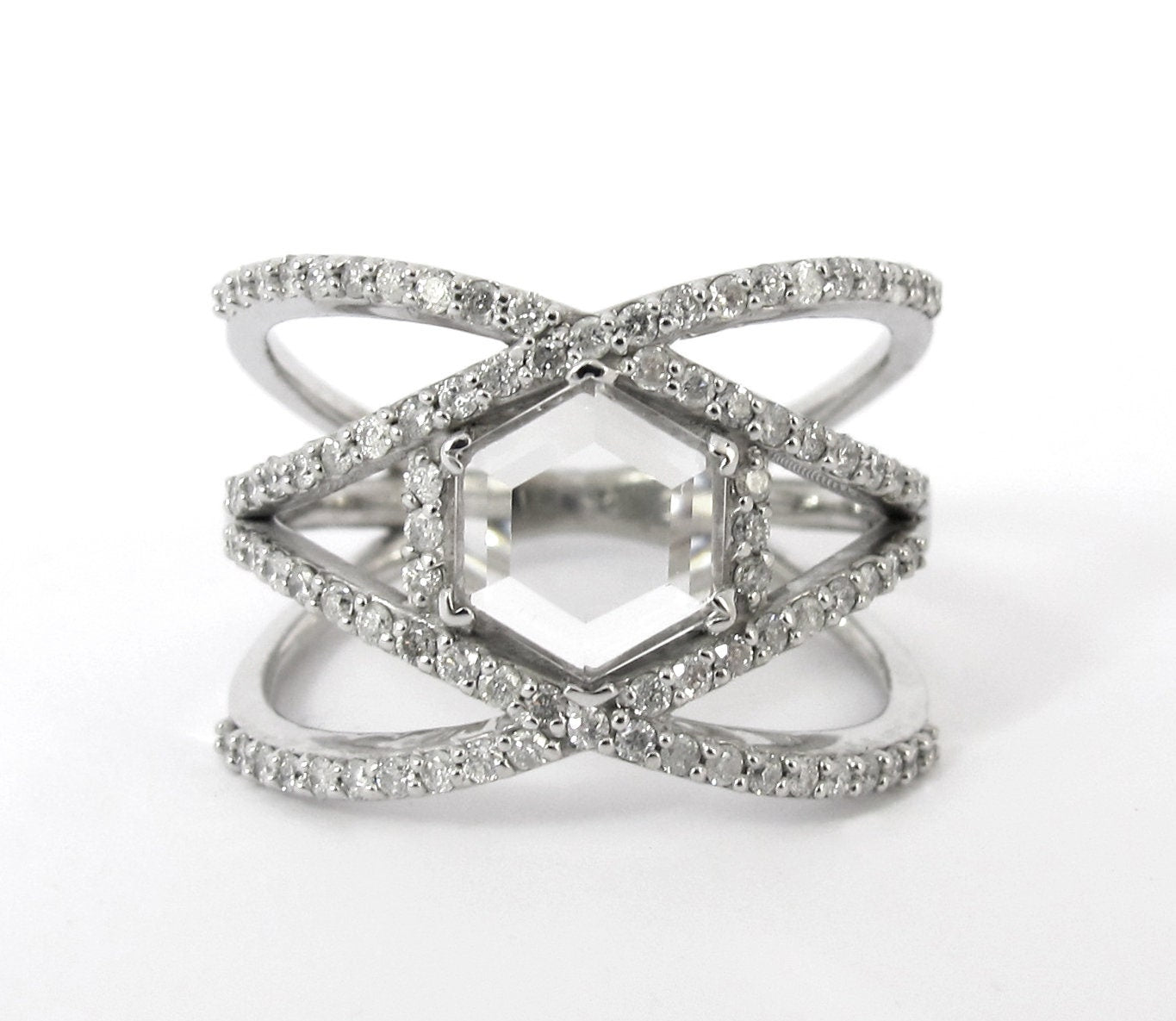 Hexagon Dream - Silver Clear Quartz Unique Engagement Ring Customization Personalize, Statement Ring Alternative Wedding Trend Geometric