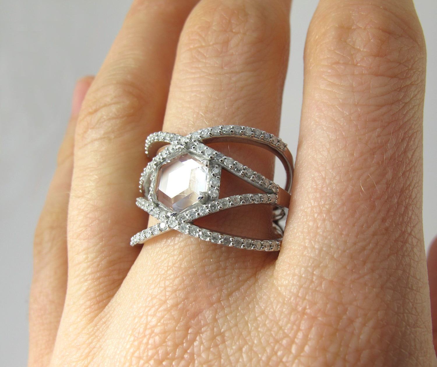 Hexagon Dream - Silver Clear Quartz Unique Engagement Ring Customization Personalize, Statement Ring Alternative Wedding Trend Geometric