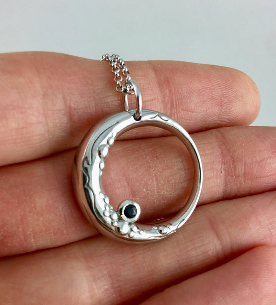 Ocean Moon Beauty Crescent Moon Celestial Astronomy tiny Sapphire Tarot Pagan Magical Wizard fantasy jewelry Sterling Silver White Gold H1