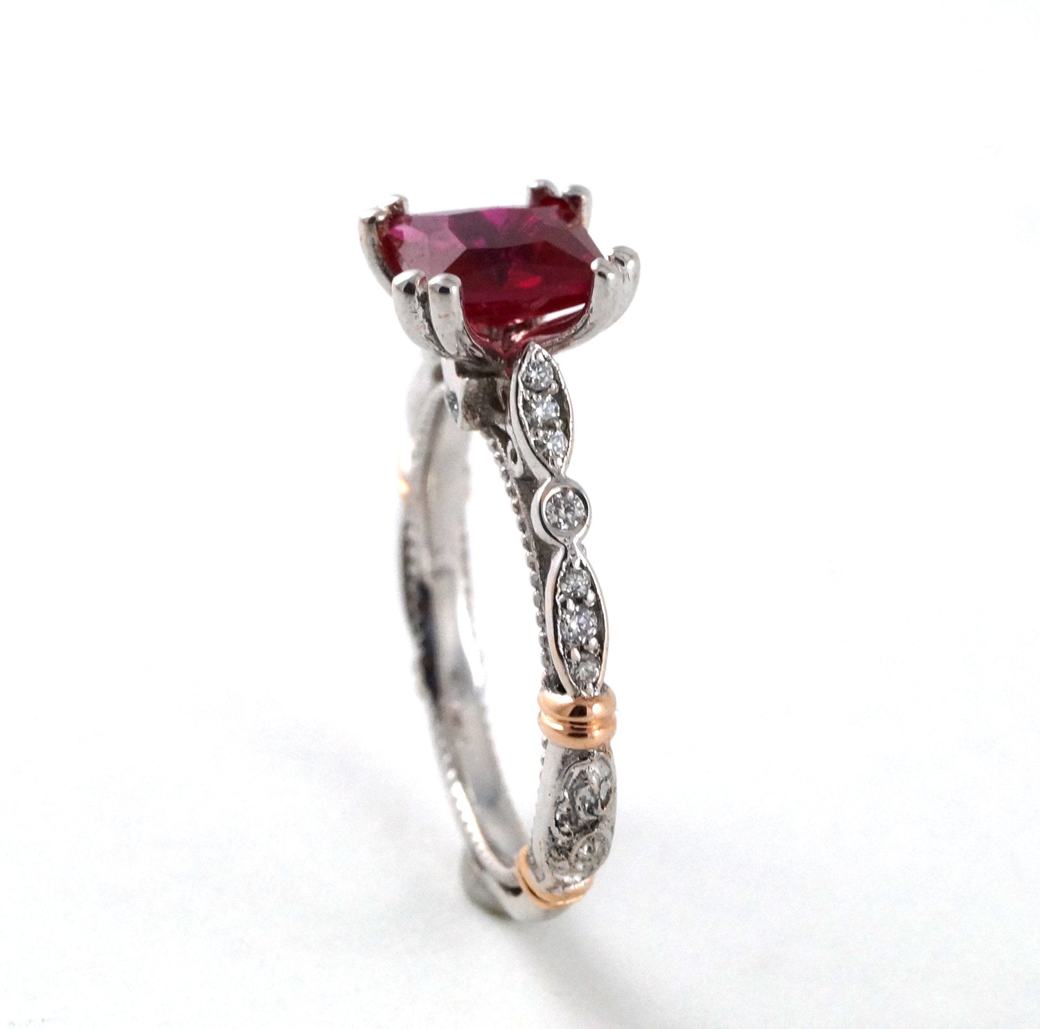 Vitorian Inspired Filigree Antique Vintage Elegant Disney Princess Ring White Gold and Diamond Engagement Millgrain Ruby Garnet Diamond