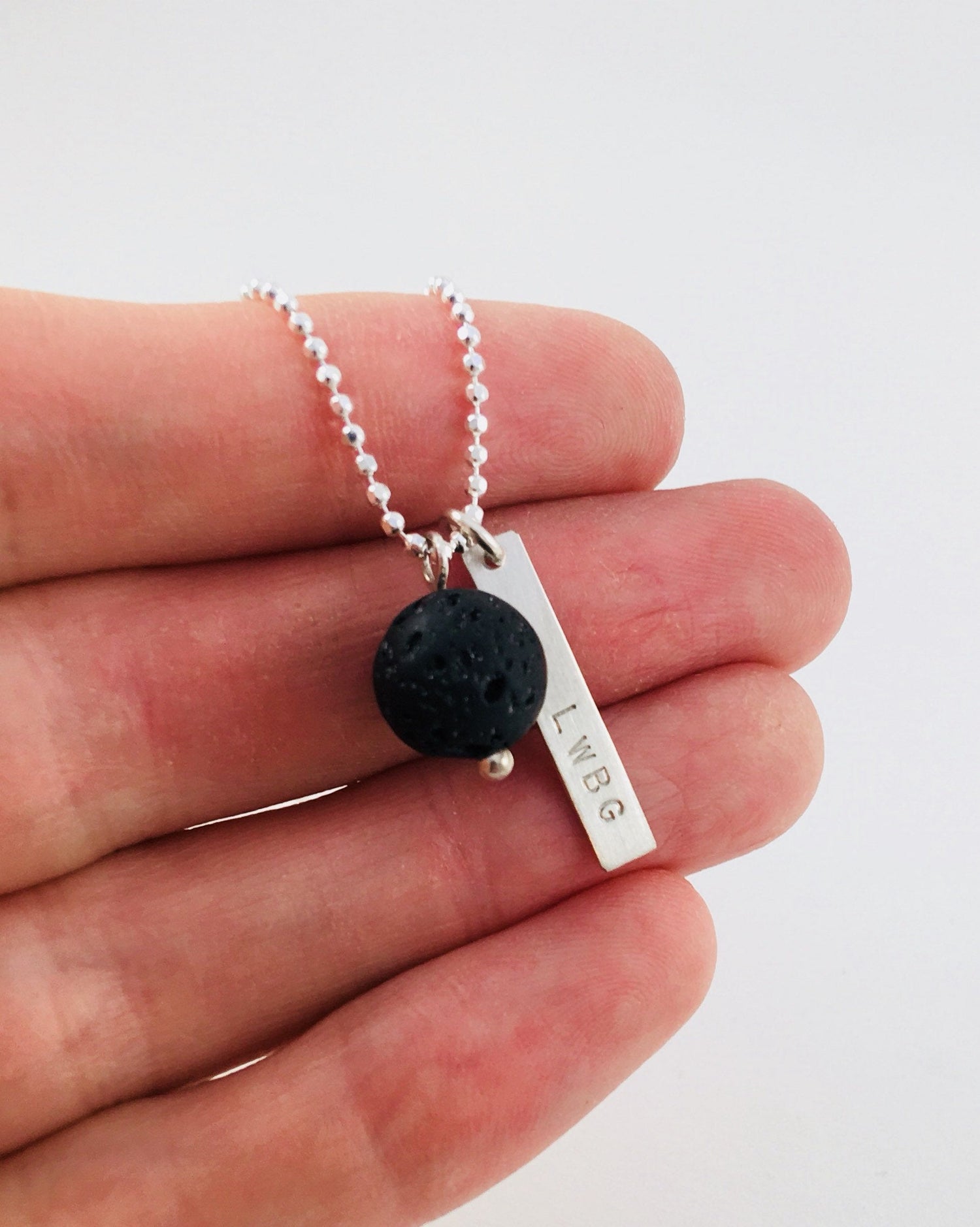 Shine On Bar Necklace Name Plate Hand Stamped Letter Flat Pendant Solid Sterling Silver Family Push Present trend lava rock essential oil