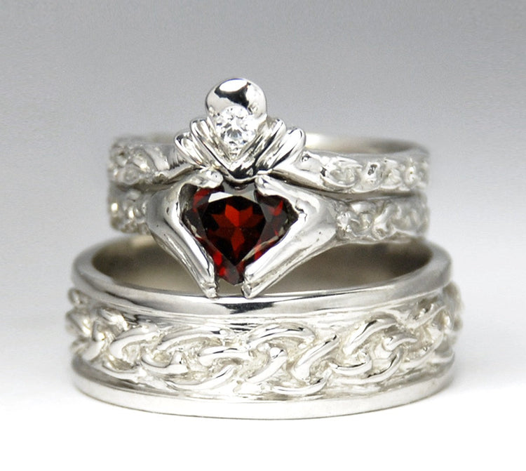 Claddagh Wedding Set  - New - White gold - Diamond - Garnet - Engagement Ring - Men&