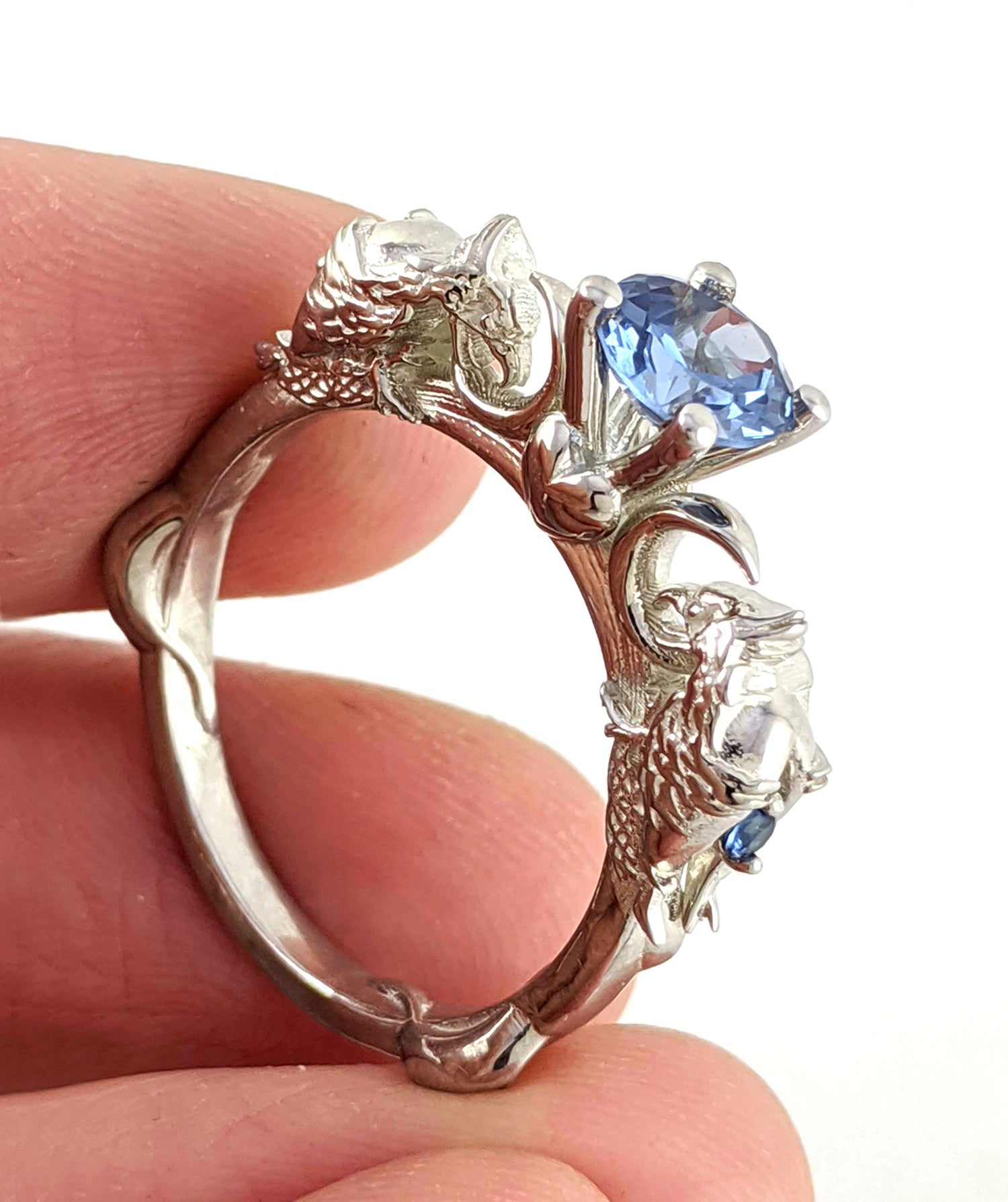 Phoenix Fire Bird Engagement Ring - Custom Crescent Moon Wedding Ring with Birthstones and a Heart Unique Rickson Jewellery