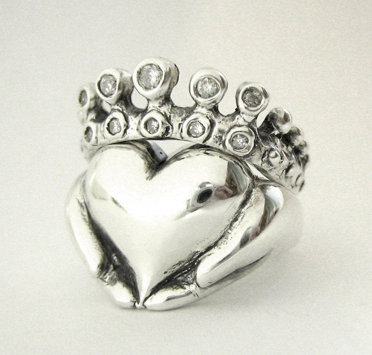 Rockabilly Claddagh Wedding Set - New - Sterling Silver and Diamonds - Engagement Ring and Wedding Band- Gifts For Her - Rickson  97&98