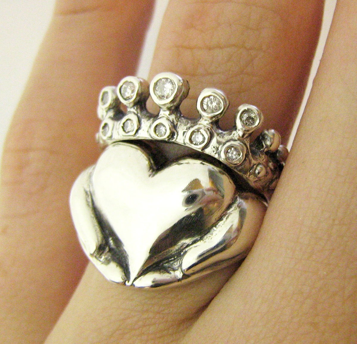 Rockabilly Claddagh Wedding Set - New - Sterling Silver and Diamonds - Engagement Ring and Wedding Band- Gifts For Her - Rickson  97&98