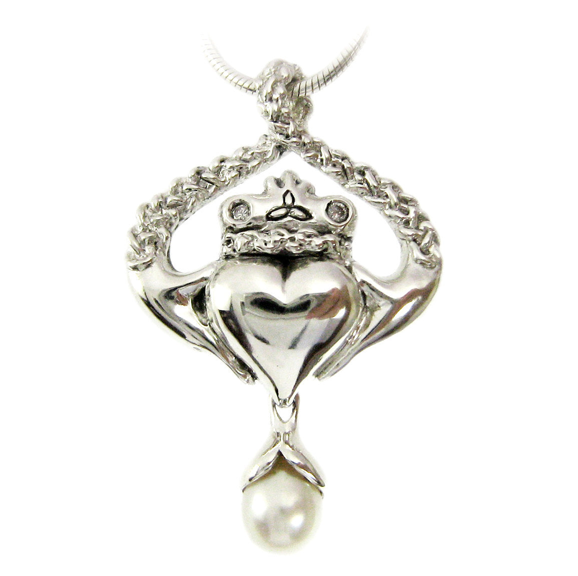 Pearl and Diamond Claddagh Pendant - Triquetra Trinity Celtic Love knot Circle Necklace Irish Jewelry Wedding Anniversary Meaningful Gift 13