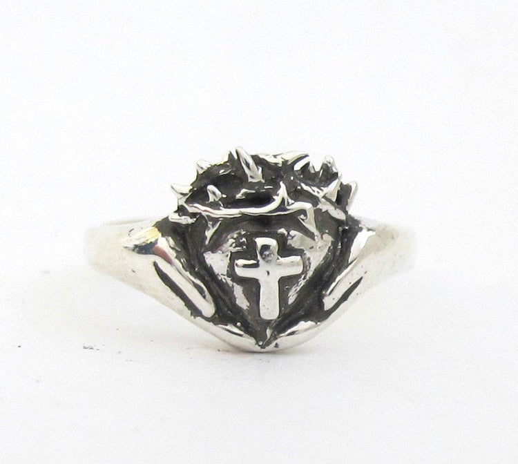 Crown of Thorns Claddagh Ring - Religious Silver Cross Ring - Celtic Jewelry - Christ - Faith Jewelry, Gift For Teens Rickson T182, No T 155