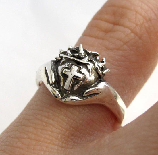 Crown of Thorns Claddagh Ring - Religious Silver Cross Ring - Celtic Jewelry - Christ - Faith Jewelry, Gift For Teens Rickson T182, No T 155