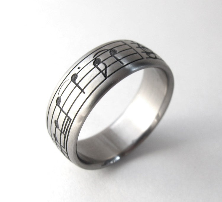 Custom Titanium Music Note Wedding Ring - Pentagram Ring, Unique Wedding band, Music Gifts for him, Geekery, Alternative, Non Traditional
