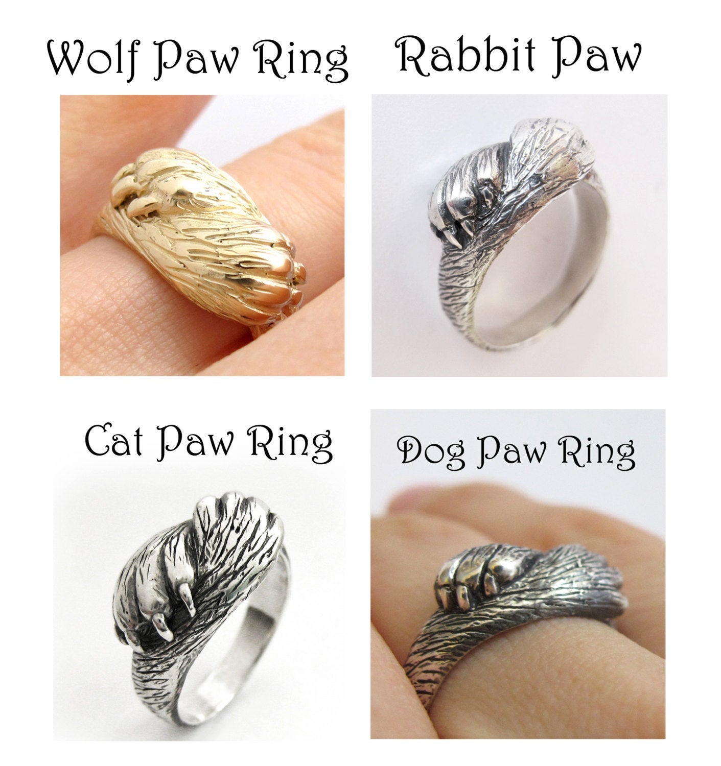 Fur and Feather Ring - Wolf Paw and Crow Feather - Silver Personalized Ring - Choose your Animal Paw - Dog or Cat - Custom Ring, Rickson 143