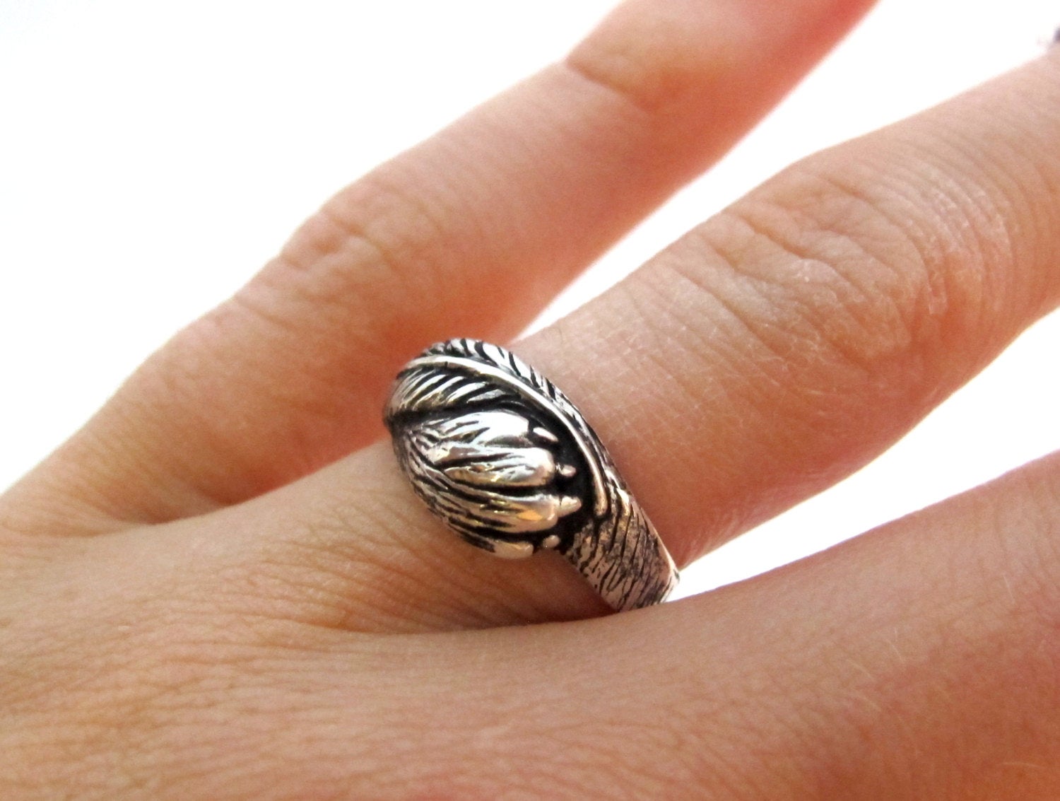 Fur and Feather Ring - Wolf Paw and Crow Feather - Silver Personalized Ring - Choose your Animal Paw - Dog or Cat - Custom Ring, Rickson 143