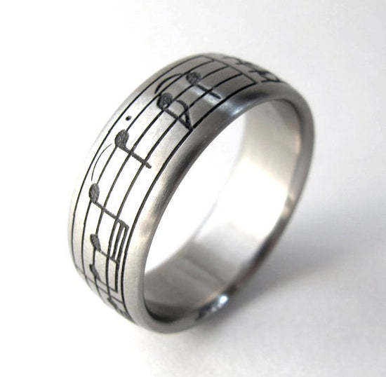 Custom Titanium Music Note Wedding Ring - Pentagram Ring, Unique Wedding band, Music Gifts for him, Geekery, Alternative, Non Traditional