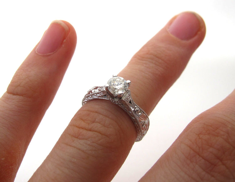 I Love Lucy - Disney Princess Ring Vintage Antique Inspired Silver and Diamond Engagement Ring Millgrain Scrollwork Engraving Rickson