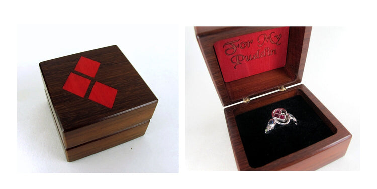 Custom Engagement Ring Box - Claddagh Wolf Cat Music Unique Skull Harley Quinn Push Present Nature Inspired Geek Nerd Goth Sound wave Rose