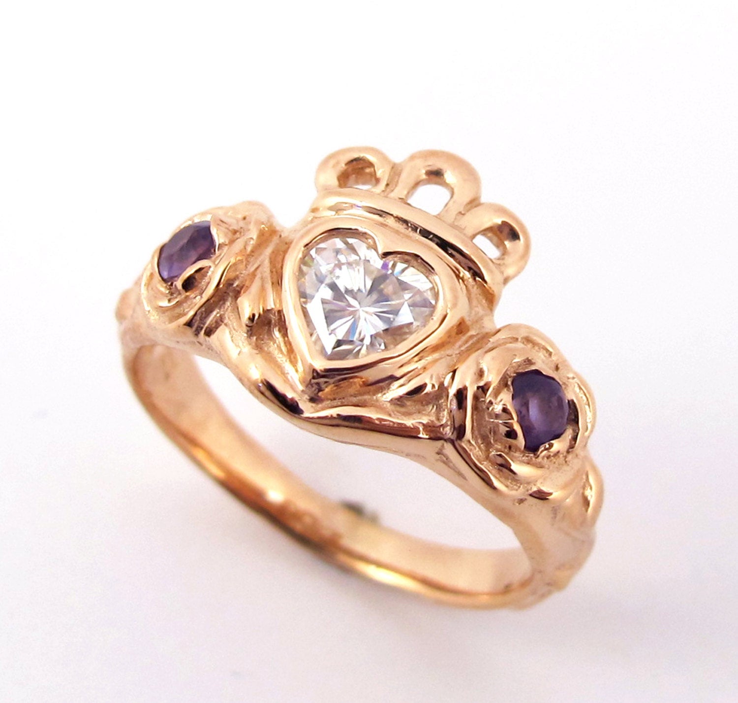 Irish Rose Ring - Gifts for Her Celtic Promise Roses Amethyst Heart Diamond Wedding Alternative Unique Sterling Silver Engagement Moissanite