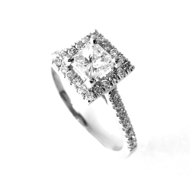 The Adrienne - Modern Princess Cut Square Halo White Gold and Diamond Engagement Ring Classic Elegance pave Handset 1ct Diamonds - Rickson