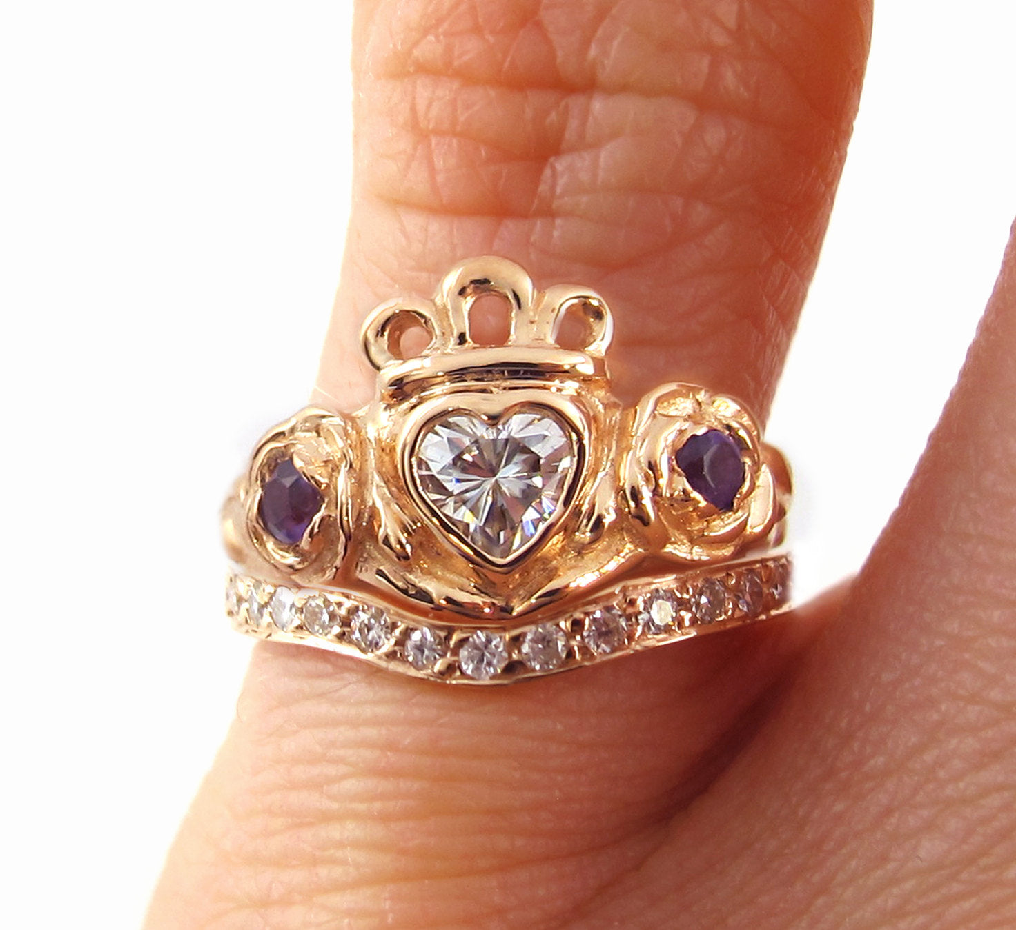 Irish Rose Engagement and Wedding Ring Set - Celtic Claddagh Promise Ring, Diamond Half Eternity Shadow Band, Alternative Wedding 179 190